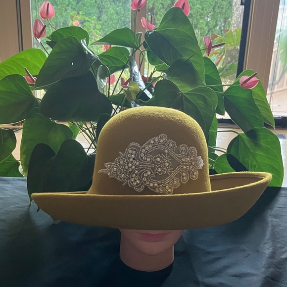 Elegant Mustard Yellow Wool Hat with Silver Rhinestone Beaded Embellishment - Picture 1 of 5